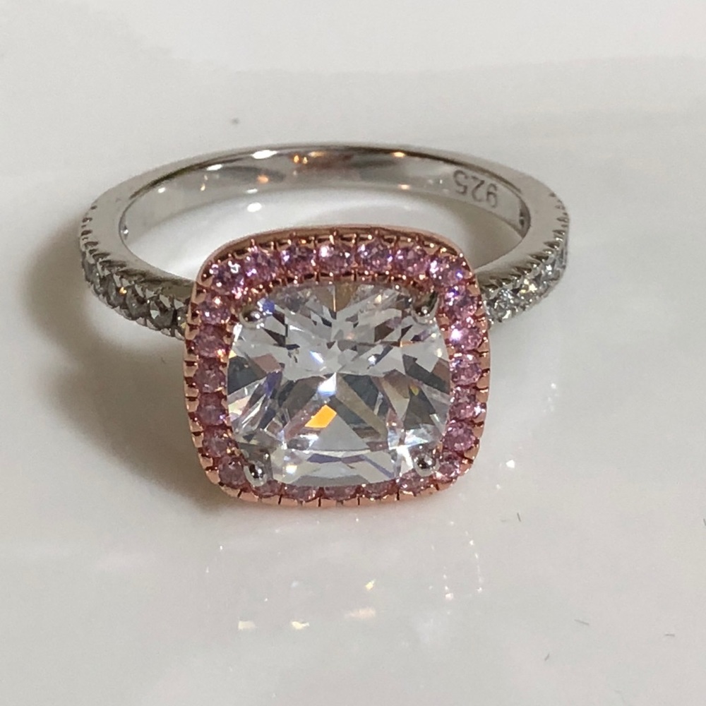 Sterling Silver 2 Tone Rose Gold Cushion Cut Ring
